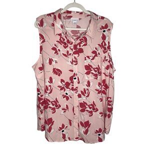 Liz Claiborne Blouse Top Women Pink Floral Sleeveless Collar Button Front SZ XXL